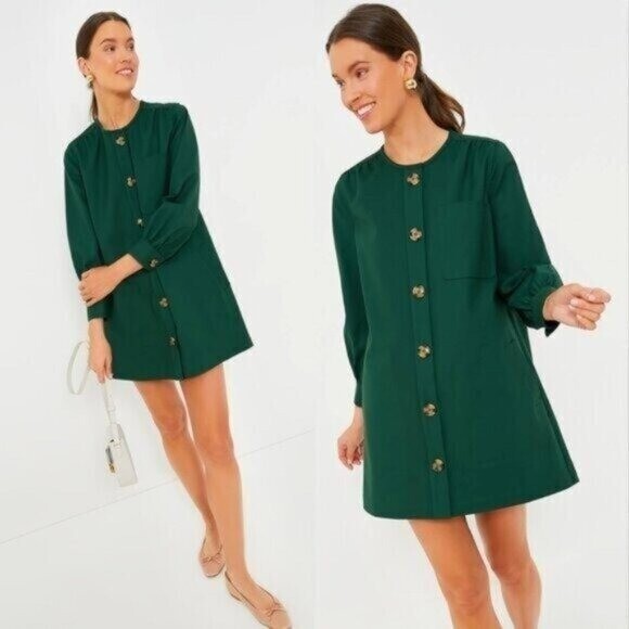 Tuckernuck NEW Dark Green Blake Long Sleeve Relaxed Fit Mini Dress Size XXS